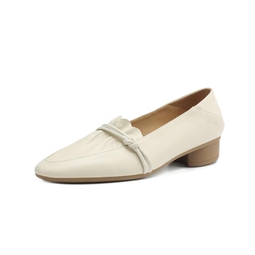 TinaCus Women's Pointed Toe Soft Genuine Leather Low Chunky Heels Handmade Pumps Shoes