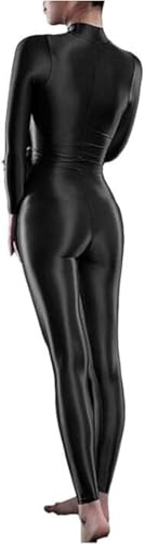 Yaaapiy Damen Glänzend Overalls Ganzkörper Anzug Body Einteiler Bodysuit Jumpsuit Glossy Glatt Strupmhose Leggings Unterwäsche Langarm mit Reißverschluss (schwarz, M)
