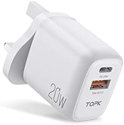 TOPK USB C Plug, 20W USB C Charger Plug, Type C Fast Charge Wall Plug 2 Ports PD & QC 3.0 Power Adapter Charger Compatible for iPhone 13/13 Pro 12/12 Pro/12 Pro Max/11 XS XR X 8, iPad Pro etc.