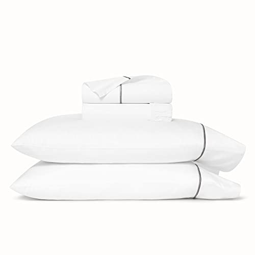 BOLL & BRANCH Signature Embroidered Sheet Set - King, White/Stone - Luxury 100% Organic Cotton - 1 Flat, 1 Fitted, 2 Pillowcases