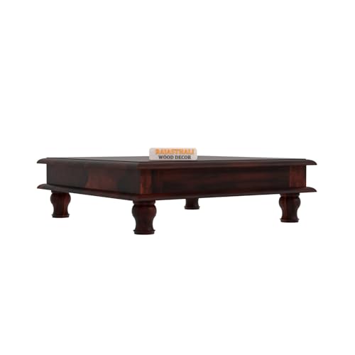 Image of Solid Sheesham Wood Pooja Chowki for Home & Mandir | Wooden Chowki Table for Living Room, Hall & Office | Traditional Low Height Wooden Table for Pooja Room, Coffee & Dcor | Walnut Finish