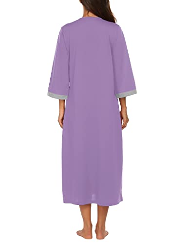 Image of Ekouaer Women Zipper Robe 3 /4 Sleeves Loungewear Dress Full Length Sleepwear Pockets Housecoat Nightgown Long Bathrobe