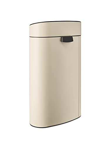 Image of Brabantia Press-Top Kitchen Trash Can with Flat Back | Soft Beige | 10.6 Gallon / 40L | Home Trash Can with Soft-Touch Stay-Open Lid & Removable Inner Bucket | Fits Flat Against Walls | + Trash Bags