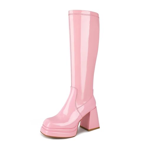 Wetkiss Knee-High Pink Platform Gogo Boots - Chunky Heel, Patent Leather, Square Toe, 70s Style, Tall, Long Boots for Women