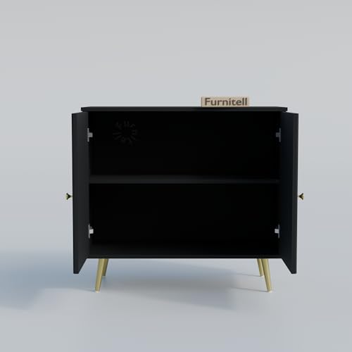 Image of Wooden Storage Cabinet For Living Room & Bedroom | Fluted Design Sideboard Cabinet with 2 Doors Storage Unit | Multipurpose Organizer for Entryway | HDMR Premium Wood|Gold Metal Legs (Black)