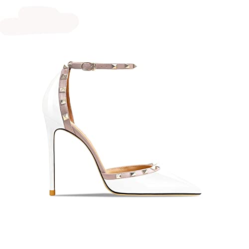 ETZRYSYB Sandalias de tacón alto para mujer, con remaches, simples, puntiagudas, de cristal, para boda, White, 39 2/3 EU