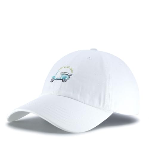 Classic Vintage Car Embroidered Washed Cotton Adjustable Dad Hat Baseball Cap (Scooter White)