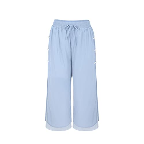 Women's Color Block Buckle Pants Wide Leg Capri Pants Double Layer Cropped Trousers Women's Elastic Waist (Sky Blue, M)4