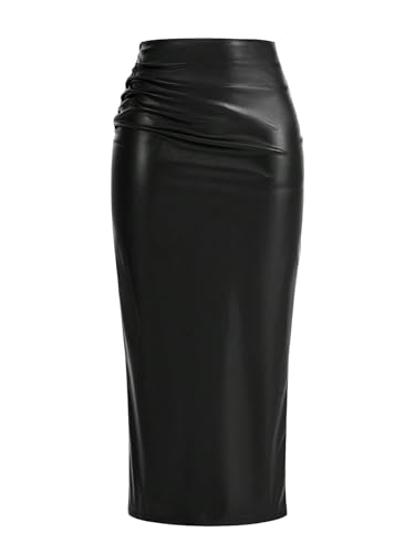 GORGLITTER Jupe élégante en cuir synthétique pour femme - Jupe midi - Jupe moulante avec fente - Jupe longue - Tenue de festival, Noir , L