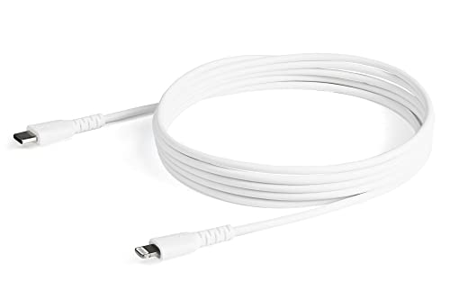 Image of StarTech 6ft /2m USB-C to Lightning Cable White Rugged MFi (RUSBCLTMM2MW) | Aramid fiber, Heavy duty charge and sync cord, Apple MFi Certified, USB 2.0, For iPhone, iPad, Male to Male, TPE jacket, Type