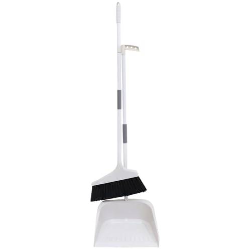 BESTonZON Broom and Dustpan Set Plastic Indoor Broom with Dust Pan Set Stand Up Dustpan Long Handle Angle Broom and Dust Pan Sweeping Broom for Home Floor Cleaning Tools White