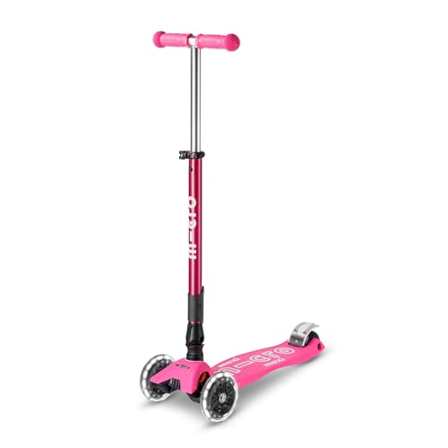 Micro | Trottinette Enfant Maxi Deluxe Pliable LED | Trottinette 3 Roues | Guidon Ajustable | Roues Lumineuses | 5-12 Ans | Rose