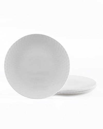 LaGlint Juego de 6 Platos de Cena 26.67cm, Vidrio Opal Redondo con Diseño Geométrico Facetado, Vajilla Blanca, Apto para Microondas y Lavavajillas