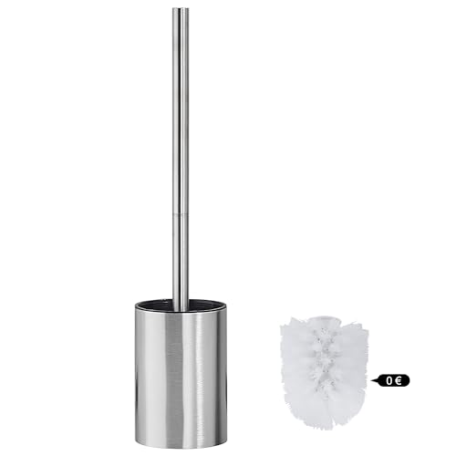 DUFU Toilettenbürste mit Halter – Klobürste aus Edelstahl inklusive Wandhalterung & 2 weichen Bürstenköpfen, selbstklebend (WC-Bürstengarnitur, Silber Gebürstet)