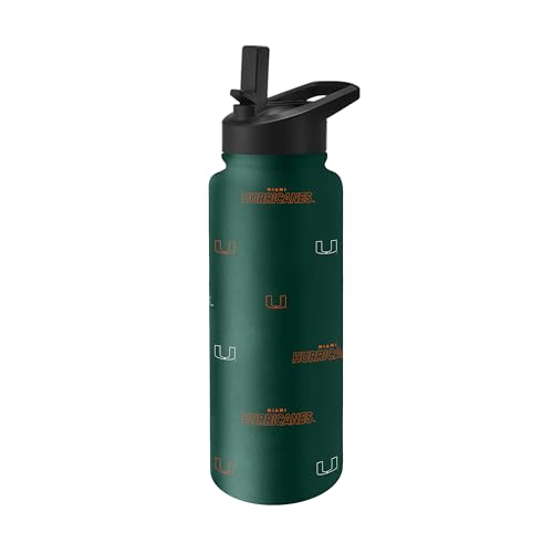 Image of Logo Brands NCAA Miami Hurricanes Step & Repeat 34 oz Stainless Steel Quencher Bottle - All Over Logo Design, No-Spill Lid, Easy Carry Handle - Keeps Drinks Cold For Hours