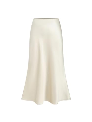 CIDER Satin Solid Ruffle Long Skirt: Beige, M
