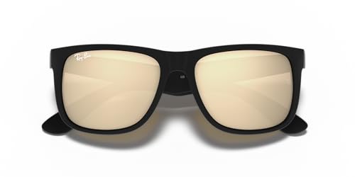 Image of Ray-Ban Unisex RB4165 Justin Rectangular Sunglasses, Rubber Black /Light Brown Mirrored Dark Gold, 55 mm