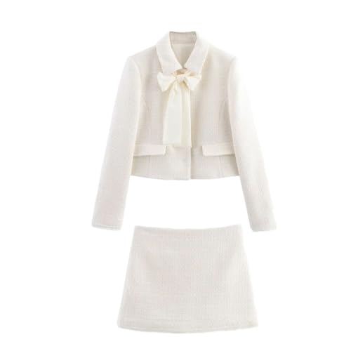 Women Tweed Suit Set Jacket Bow Neck Blouse Mini Skirt