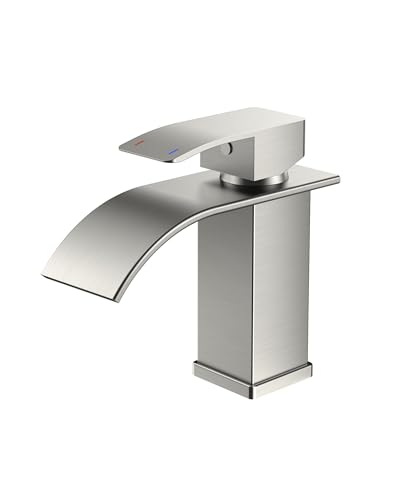 FORIOUS Wasserhahn Bad,Wasserfall Waschtischarmatur Einhandmischer Armatur Waschbecken mit Auslauf Höhe 80 MM,Wassersparend, Energiesparend,Brushed Nickel
