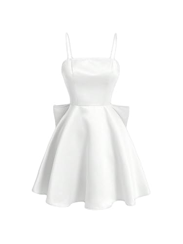 WDIRARA Women's Satin Bow Homecoming Dresses Spaghetti Strap Wedding Guest Gown Summer Mini Dress
