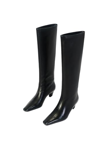 Women Black Knee High Boots Square Toe Low Heel Tall Boots3