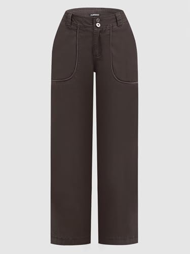 Flamingals Straight Leg Mid Waist Solid Stitch Detail Patch Pocket Pants for Women3