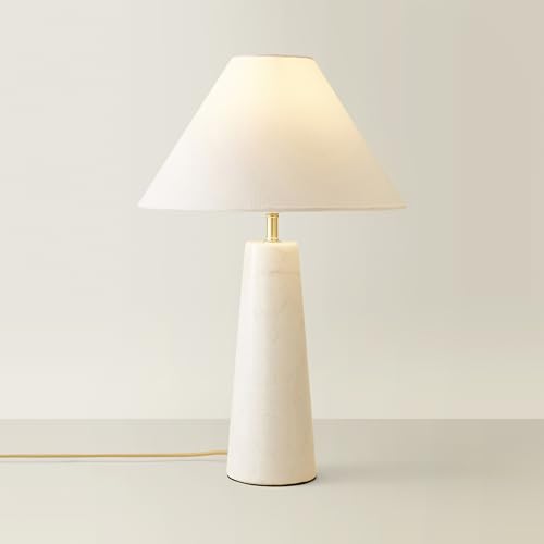 ValueLights | White Marble Base Bedside Table Lamp with a Linen Tapered Lampshade Living Room Bedroom Light | Table Lamps, Home Décor & Improvement Essential