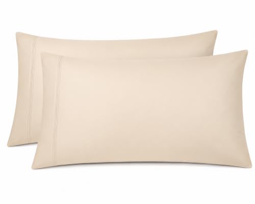 Image of Soft Pillow Covers 19 x 30 Inches - Egyptian Cotton 600 Thread Count Set of 2 Pillow Cover Set Envelope Closure Hotel Quality Pillowcase - Beige