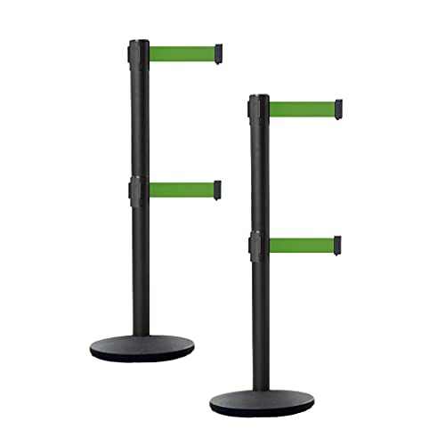 Crowd Control Warehouse CCW Set of 2 Dual Retractable Belt Barrier Stanchion, Cast Iron Base Black Post, IRBB-100D (11 Belt, Green Belt)