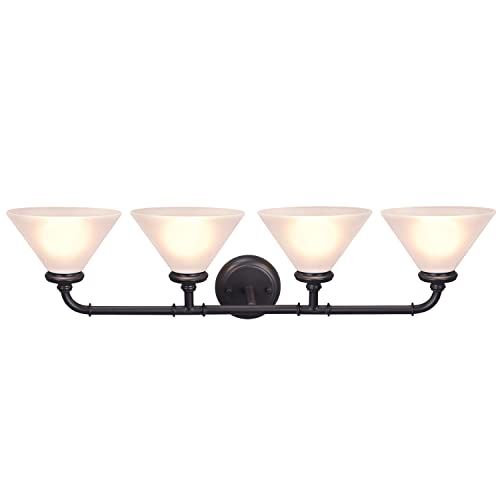 Image of Aspen Creative 62148, Four Metal Bathroom Light Fixture, 6-1 /2 inch Wide, Transitional Design in Oil Rubbed Bronze with Frosted Glass Shade Vanity WALL