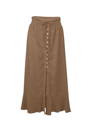 Image of Minclouse Women's Elastic Tie Waist Button Down Maxi Skirts Casual Loose Flowy Swing Slit Front Dress