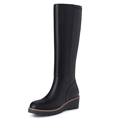 Athlefit Black Knee High Boots for Women Wedge Platform Comfortable Winter Tall Long Boots Size 9