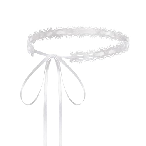 InnoHHustle Vintage Hollow Lace Choker Necklace 2 PCS White Tulle Lace Necklaces Long Satin Tail Tie Up Choker Necklaces Bow Tie Up Necklace for Striking Gothic Knot Prom Trendy Accessory