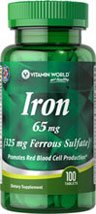 Vitamin World Iron 65 MG (325 mg of Ferrous Sulfate Minerals Promotes Red Blood Cell Production 100 Tablets, Vegetarian Dietary Supplement