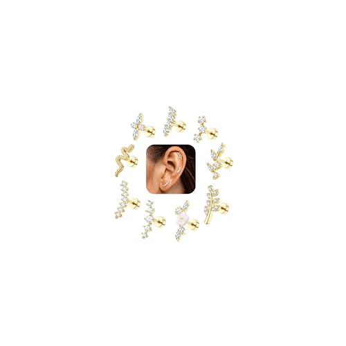 Cartilage Earrings for Women Flat Back - Hypoallergenic Surgical Stainless Steel Stud Earring Set for Sensitive Ears CZ Daith Conch Tragus Helix Piercing Jewelry 9PCS 16G 14K Gold Plated