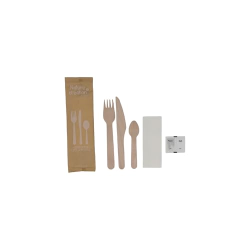 250 kits de couverts en bois 6 en 1 – Fourchette 16 cm + couteau 16 cm + cuillère à dessert + sel + poivre + serviette 1 pli