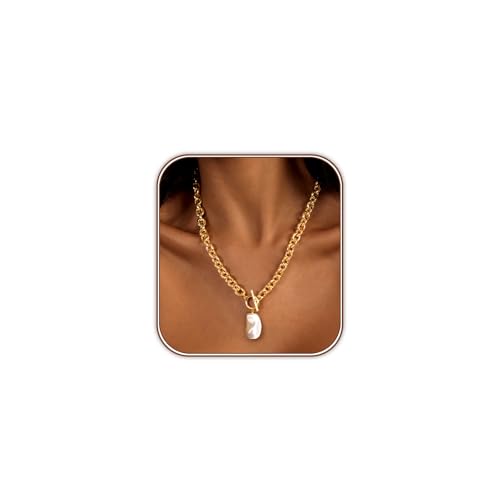 Zeffy 14K Gold/Silver Plated Chunky Thick Chain Toggle Clasp Necklace Dainty Baroque Pearl/Heart/Cross/Turquoise Pendant Necklace