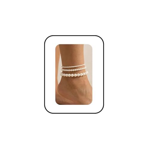 3 Layered Pearl Anklet Chain Set for Women Dainty White Stretch Pearl Beaded Ankle Bracelets Chain Vintage Stacked Pearls Anklets Chains Elegant Summer Beach Fashion Jewelry Accessaries (White)