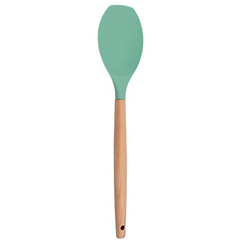 BRIIEC 1pc Green Silicone Spoon Spatula Set with Wooden Handle, Heat Resistant Rubber Scraper, Ideal Cookware for Cooking, Baking and Mixing.