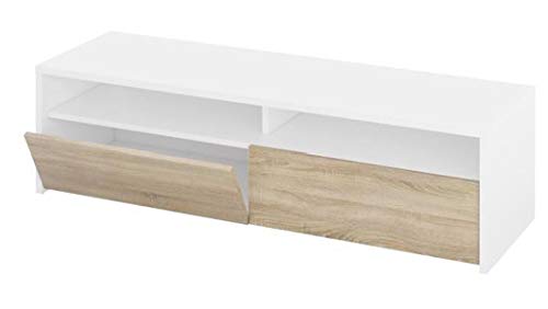 PEGANE Meuble TV décor Blanc et chêne - Dim : L 130 x P 42 x H 36 cm