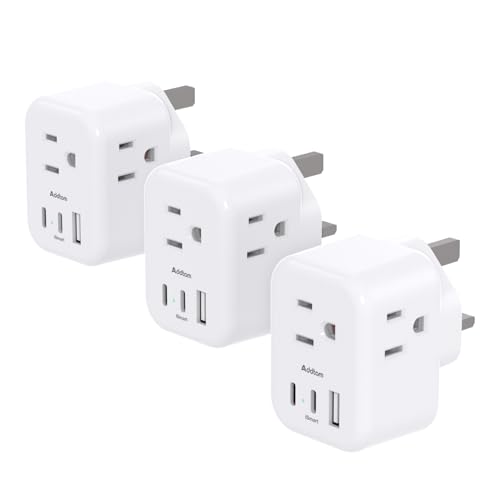 US to UK Plug Adapter 3 Pack, Addtam Type G Travel Plug with 3 Outlets 3 USB Ports(2 USB C), UK Power Adaptor...