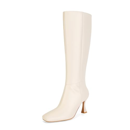 Image of Dsevht Black Leather Knee High Boots for Women Stiletto Kitten Heeled Sexy Boots Square Toe and Side Zipper Design Fashion Dress Boots