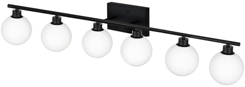 Image of Yaohong 6-Light Matte Black Bathroom Vanity Light Fixtures Over Mirror Mid Century Modern Light Fixture with Milk White Glass Globe Wall Sconce (Included Bulb)