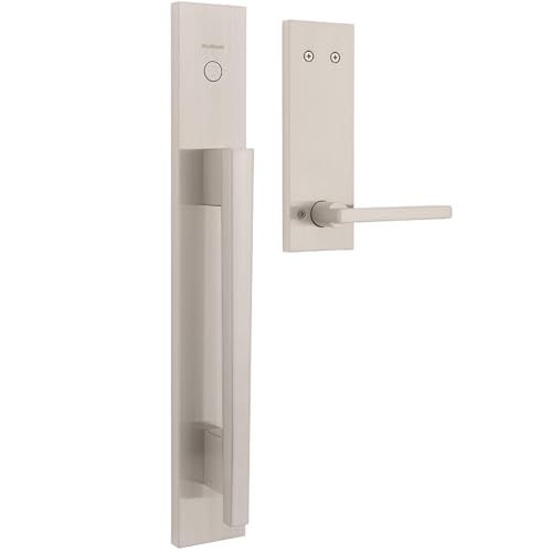 Image of Kwikset Caerus Front Door Lock Handle and Deadbolt Set, Entry Handleset Exterior with Interior Reversible Lever, Satin Nickel, Dummy Deadbolt Security, with Microban Protection