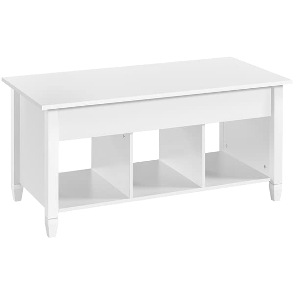 Abician Table Basse Relevable et Rectangulaire en Bois, 1 Grand Compartiment Caché, 3 Compartiments Ouverts, Pied en Bois Massif, Style Minimaliste, Maison, Salon Blanc