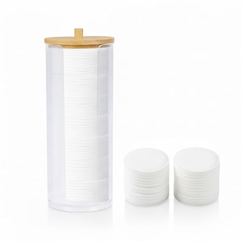 Garrelett Cotton Round Holder Set with Bamboo Lid & 100 Pads (2.4 Inch) - Clear Acrylic Dispenser 2.8