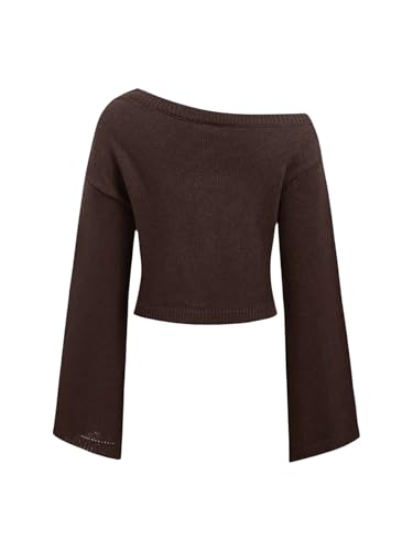 Image of SOLY HUX Women's Sweater Cat Moon Graphic Off Shoulder Bell Long Sleeve Knit Pullover Tops Coffee Brown Graphic Large