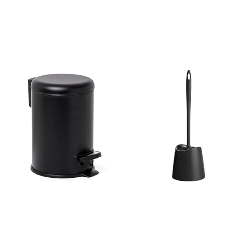 Tatay Papelera de baño de acero inoxidable con pedal, capacidad 3L, color negro. + Escobillero estándar, polipropileno, escobilla negra, color negro.
