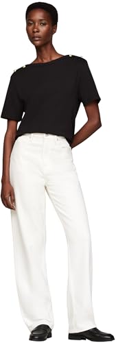 Tommy Hilfiger Damen T-Shirt Kurzarm Stripe Gold mit Knöpfen, Schwarz (Black), XXS – Ansicht 5