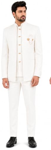 Image of Devansh Collection Men's White Achkan Sherwani Set | Dupion Silk Fabric | Mandarin Collar | Wedding, Reception & Ethnic Outfit
